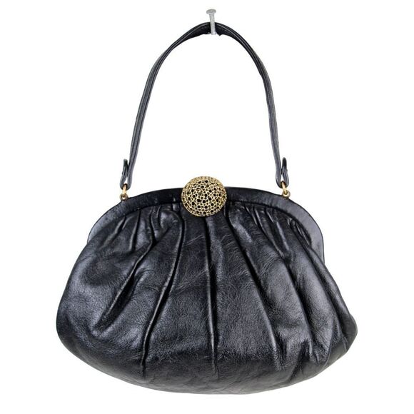 TRUE VINTAGE CLASSIC SOFT BLACK GENUINE LEATHER FRAME SATCHEL HANDBAG PURSE - Picture 1 of 13